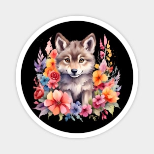 A baby wolf decorated with beautiful watercolor flowers Magnet